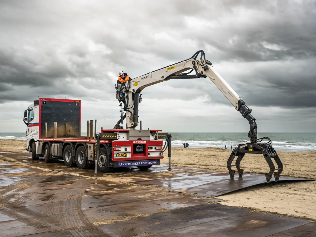 Rijplatenwagen van Van Noort legt met een grijper een stalen rijplaat op het strand