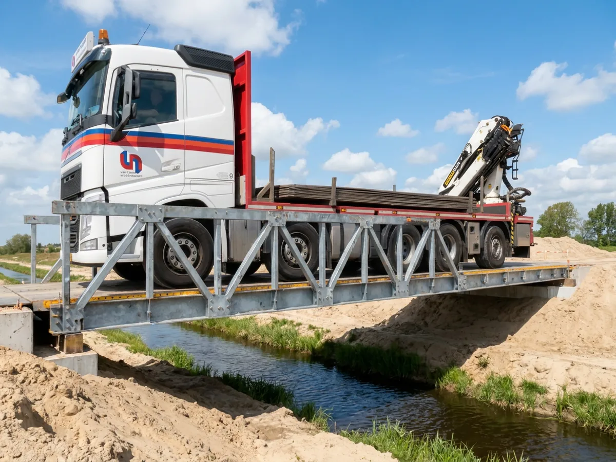 Rijplatenwagen van Van Noort rijdt over een tijdelijke brug over een sloot